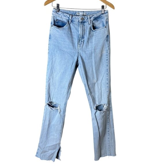 ZARA Distressed Light Wash Denim Jeans Jean Size 4 Straight Leg - Picture 1 of 11